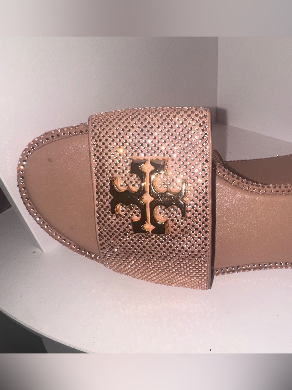 Tory Burch Blush Crystal-Studded Logo Slide Sandals - Picture 3 of 3